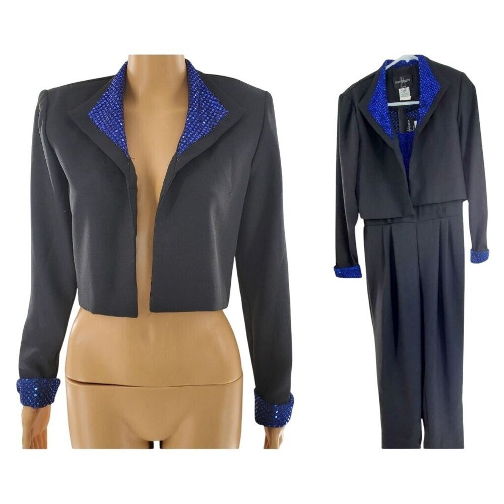 Vintage Black & Blue Sequin Collar Jumpsuit Pantsuit Size 6P 80s Disco